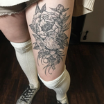 Tattoos - Healed Bird and Floral on Thigh- Instagram @michaelbalesart - 123108